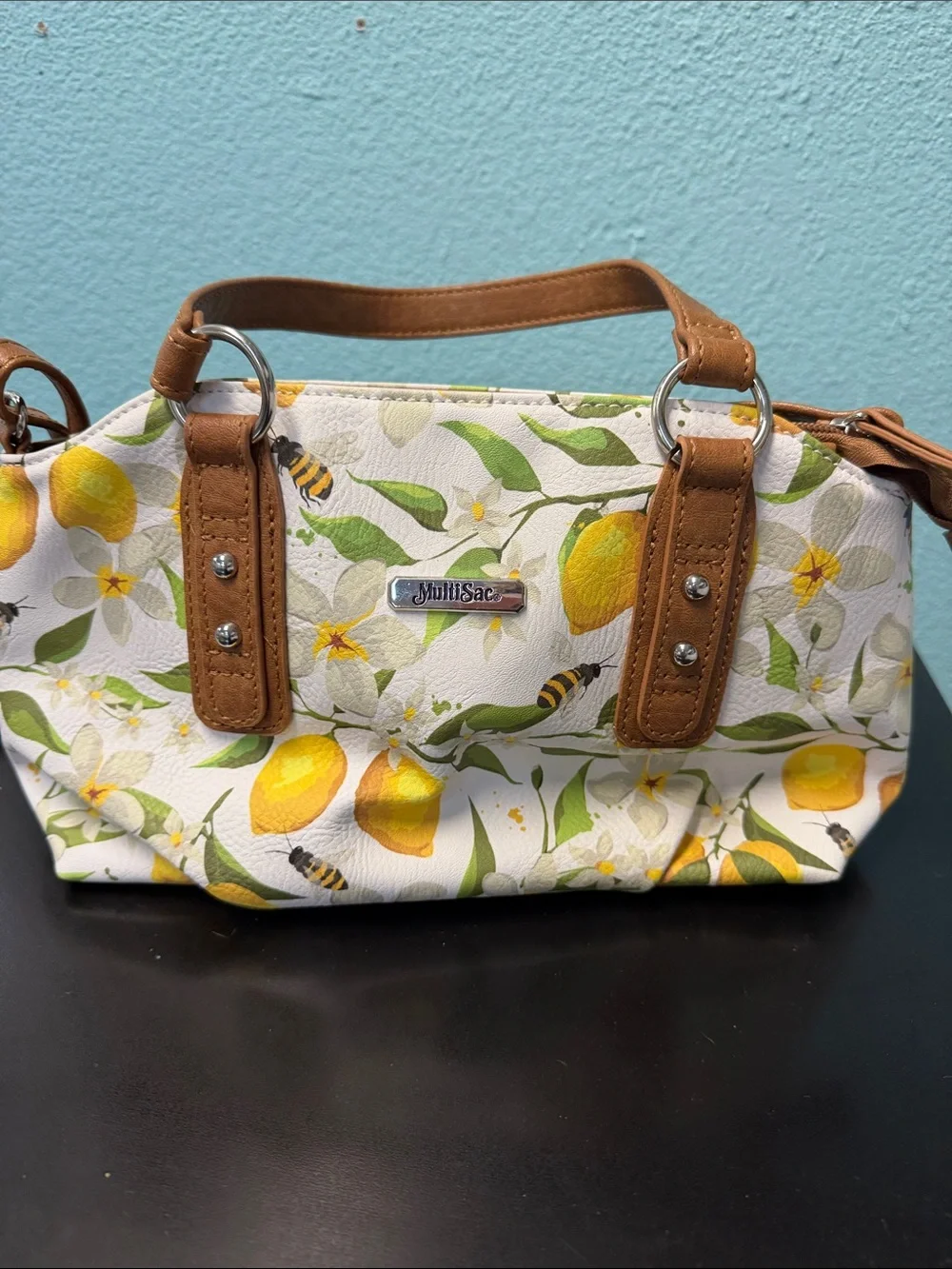 Juilli Sac Lemon Print Satchel with Brown Trim